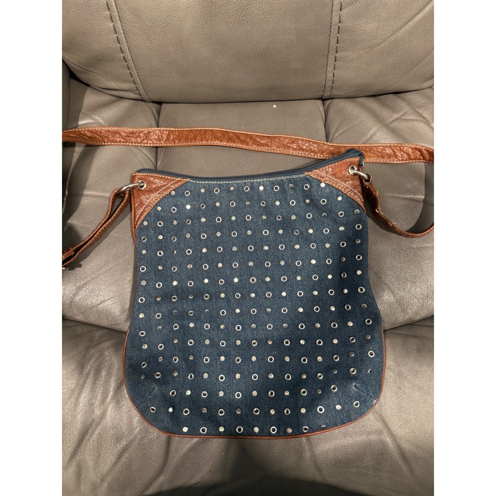Marc Ecko Denim Crossbody Bag Studded Grommet Y2K Blue Brown Red Lining Vintage